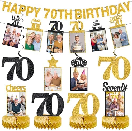 Kuxriox 10Pcs 70th Birthday Decorations for Men Women, Black Gold...