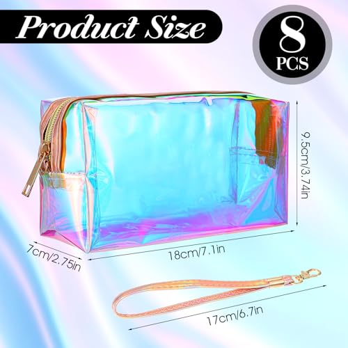 8pcs Holographic Bulk Makeup Bags,Waterproof Clear Iridescent Makeup Bag, Cosmetic Bag with Zipper Wristlet, Portable Travel Toiletries Make Up Bags, Women Make Up Pouch2