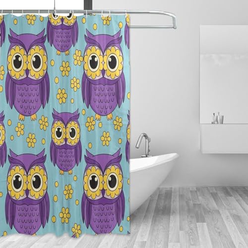 Emelivor Owls Flowers Blue Pattern Shower Curtain with Metal Buttonholes Machine Washable Fabric Sho