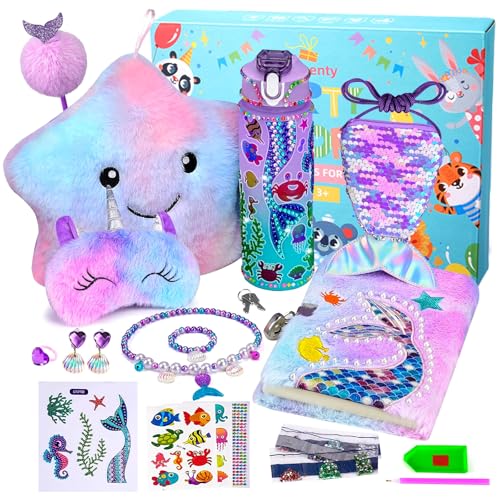 Beauenty Mermaid Toys for Girls Age 4-10 Mermaid Gift Box Set for Girls New Year Birthday Childrens Day Mermaid Gifts Set with Light Up Star Pillow Diary Plush DIY Water Bottle Kits Toys (style 1)