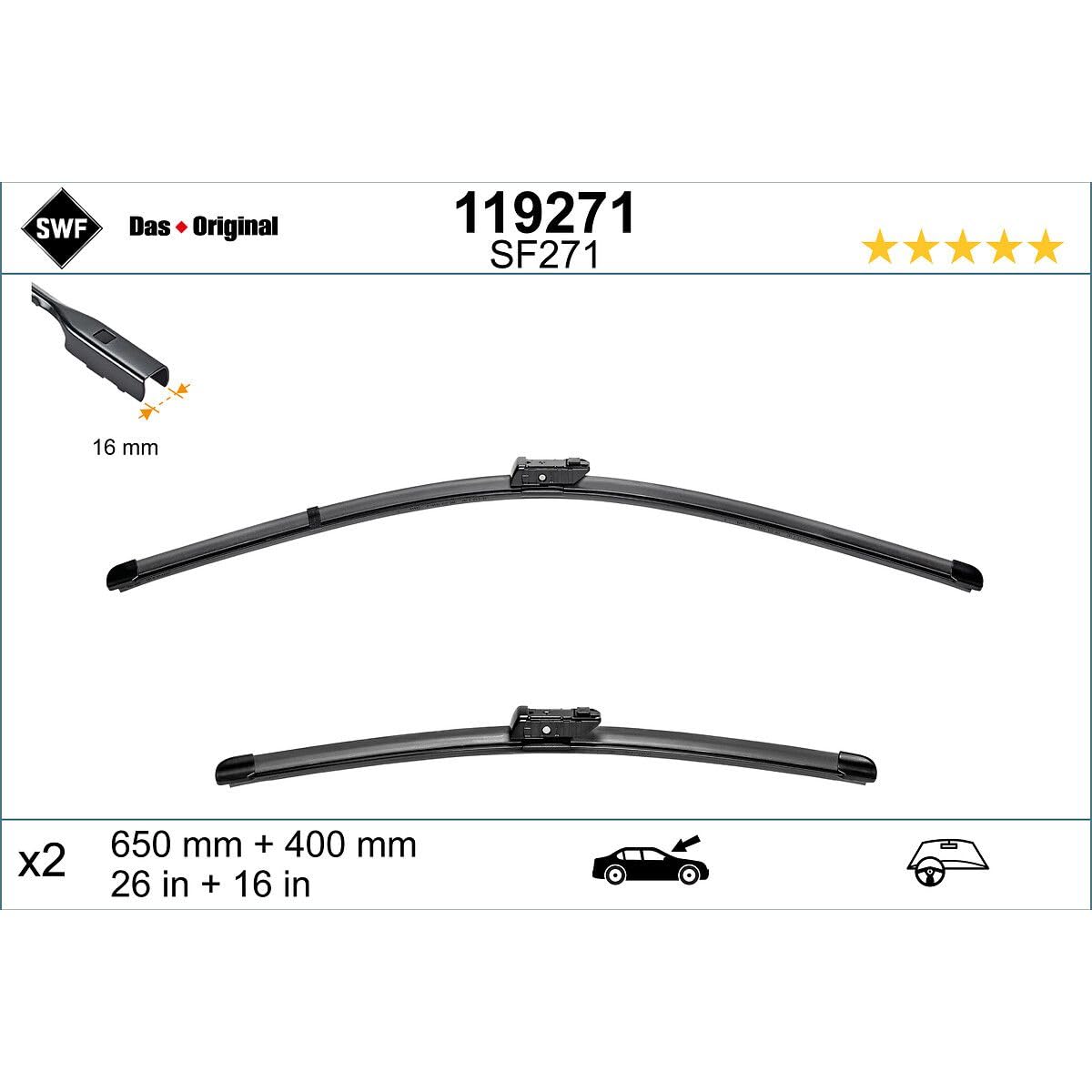 Valeo SWF Das Original Set Silecek Seti Bmw X1 F48 (2014-2022), Citroen C3 Aircross (2017 ve sonrası), Opel Crossland (2017 ve sonrası), Seat Arona (2017 ve sonrası) (650+400 MM) 119271