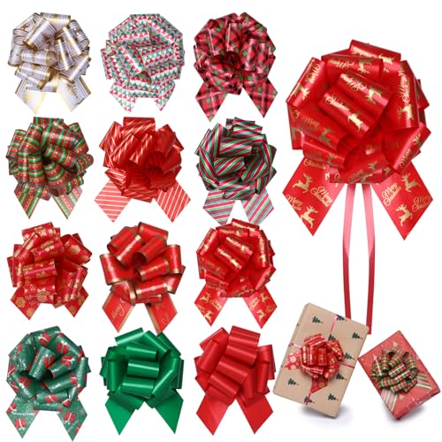 Starside 12 Pcs Large Christmas Bows For Gift Wrapping,5 Inch Wide Xmas Pull Bows For Presents,Christmas Gift Bows For Gift Baskets,Christmas Tree,Wine Bottles,Christmas Decorations cover