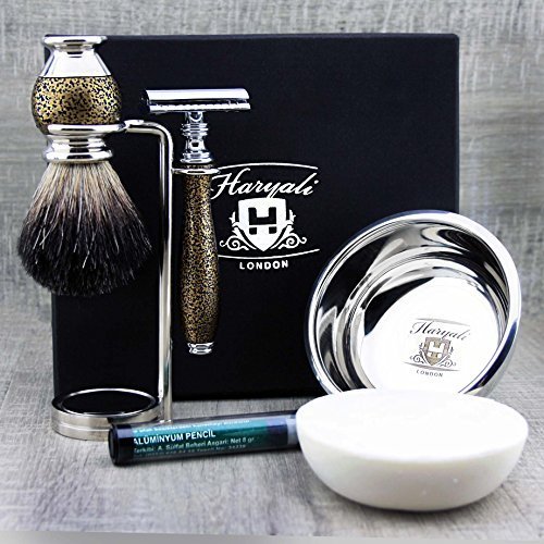 Haryali London, set da barba da uomo 5 pezzi: kit completo per la rasatura a umido con rasoio a doppia lama, pennello da barba in tasso, ciotola da barba, sapone da barba ed elegante support