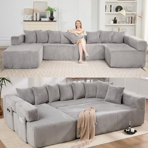 Oversized Cloud Boneless Couch with Chaise, 146" Modern U Shape Modular Deep Seat Sectional Sofa, Comfy Corduroy Upholstered Couches for Living Room, No Assembly Required-Light Grey
