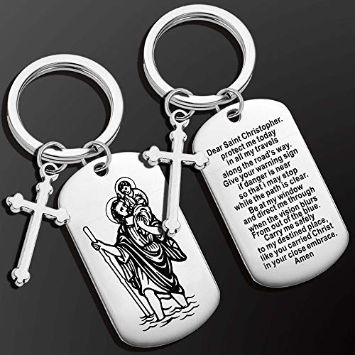 SUN MOON SEA Catholic Saint Christopher Necklace Cross Stainless Steel Keychain Male Pendant Jewelry Blessing Necklace Bless Christianity3
