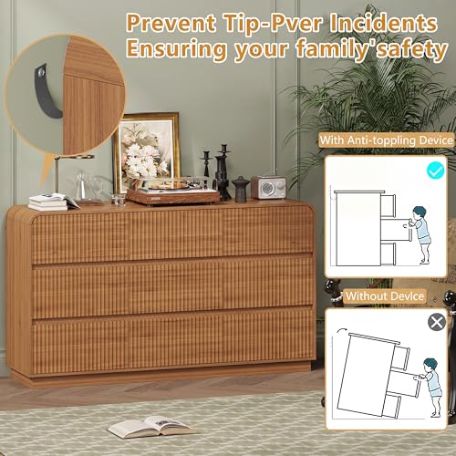 Image of Walnut Dresser Fluted 9 Drawers Dresser for Bedroom, 59 inch Wide Wood Chest of Drawers with Hidden Handles & Rounded Corners, Modern TV Stand Storage Cabinet for Living Room, Hallway, Entryway