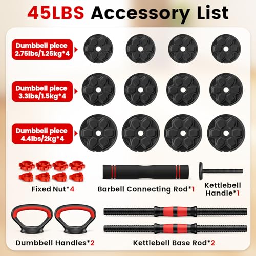 BDSHE Adjustable Dumbbell Set, 45lbs Free Weight Set with Upgraded Nut,4 in1 Dumbbells Set Used as Barbell, Kettlebells, Push up Stand, Weight Set for Home Gym Suitable Men/Women