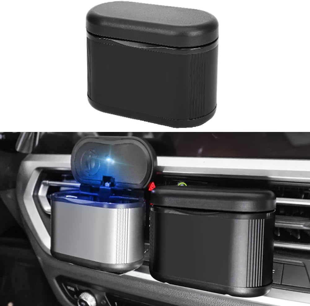 Multi-spot Placed Car Ashtray Removable Detachable Alloy with Lid Blue Led Clamped&Glued Beside Door Air Outlet Behind Seat Black