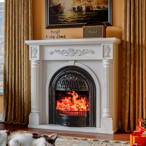 Image of 45 Inch Electric Fireplace with Mantel, Solid Wood Fireplace TV Stand, Roman Column Fireplace Entertainment Center, Electric Fireplace Heater with Black Birdcage Insert for Living Room, White