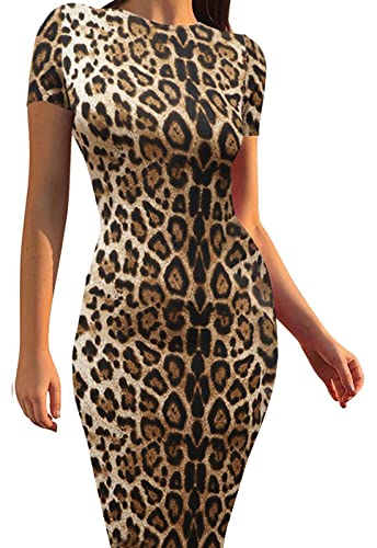 Image of Women's Long Bodycon Dresses Leopard Print Casual Maxi Club Party Tight Dress Short Sleeve
