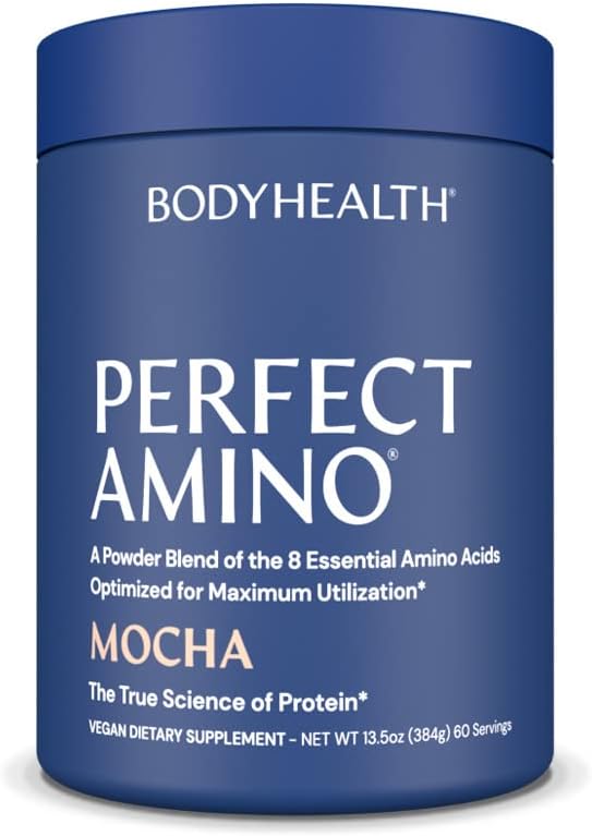 BodyHealth PerfectAmino XP Mocha Boost (60 Serving), Best Pre/Post Workout Recovery Drink, 8 Essential Amino Acids Energy Supplement with 50% BCAAs, 100% Organic, 99% Utilization