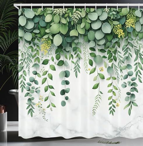 Ambesonne Eucalyptus Leaves Shower Curtain, Leafy Branches Summer Flowers on Neutral Marble Print Back, Cloth Fabric Bathroom Decor Set with Hooks, 69″ W x 70″ L, Fern Green Pastel Yellow