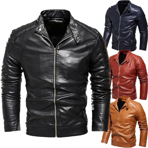 Men Motorcycle Sports Zipper Turn-Down Collar Coat Slim Fit Leather Jacket3