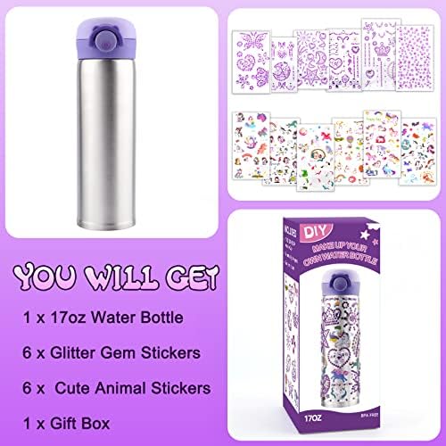 Gifts for Girls, Girls Birthday Presents Age 4-12 Kids DIY Water Bottle for School, Decorate Your Own Water Bottle with Glitter Gem and Cute Stickers, 17oz Stainless Steel BPA Free Insulated Flask