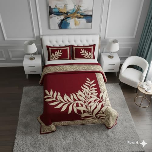 Image of Fresh from Loom Printed Bedsheet Leaf Print Print Bedsheet Set, Crafted in Chenille 500 TC Fabric with 2 Pillow Covers, Comfortable Breathable Bed Cover, B 90x100 Inches | Leaf Mahroon | Chenille