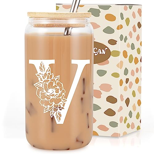 Image of Coolife Initial Glass Cup, Monogrammed Gifts for Women, 16 oz Tumbler w /Lid | Iced Coffee Smoothie Beer Tumbler w /Straw Lid - Personalized Christmas, Birthday Gifts for Woman Her Mom Friend