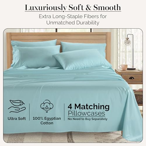 Casa Platino 100% Egyptian Cotton Split King Sheet Set - 7 Pcs - Soft & Comfy Luxury Hotel Split King Bed Sheet Set for Adjustable Beds, Fully Elasticized with Deep Pockets - Blue Sky