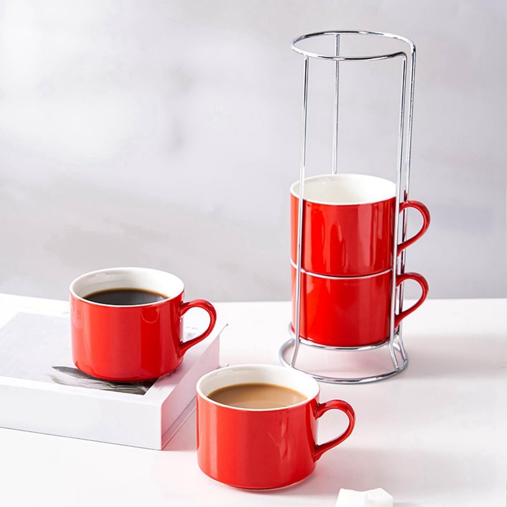 Tazas de Capuchino Apilables de Porcelana con Platillos y Soporte de Metal, Tazas de Espresso para Café con Leche, Café de Especialidad A