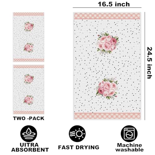 Image of 2Pcs Flower Kitchen Towels 24x14 Inch, Pink Floral Grid Reusable Microfiber Dish Towels, Waffle Weave Hand Tea Towel for Kitchen Home Bathroom Farmhouse Decor, Flowers Gifts for Women Friend