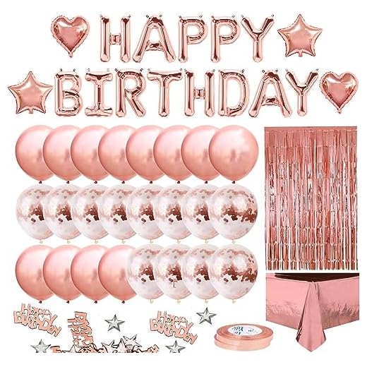 iZoeL Anniversaire Ballon Rose Kit Guirlande Happy Birthday, Nappe Rose Or, Rideau à Franges, 24 Ballons Confettis, 4 Ballons étoile et Coeur, Confettis Happy Birthday