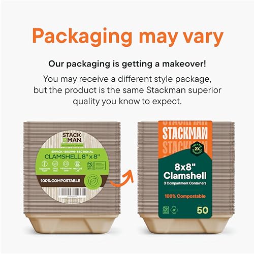 Stack Man BG-80HT3K-50 100% Compostable Clamshell Take Out Food Containers [8X8 Inch 3-Compartment 50-Pack] Heavy-Duty Quality To Go Containers thumb #4