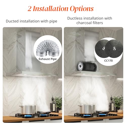 Image of FIREGAS Wall Mount Range Hood 30 Inch, 600 CFM Ducted /Ductless Convertible Stainless Steel Kitchen Vent Hood with 3 Speed Fan, LED Lights and Push Button Control