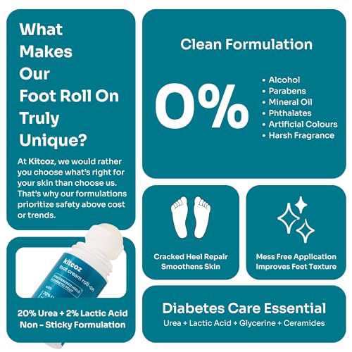 Image of Kitcoz Foot Cream Roll On with 20% Urea, 2% Lactic Acid, Glycerine & Olive Oil for Dry Feet, Cracked Heels & Diabetic Foot | Non Sticky Formulation - 50ml