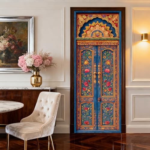 Image of Nuxovilar Floral Carved Door Stickers Peel Stick PVC 30.3x78.7 in Cover | Door Stickers Wall Decals Peel Stick Cover Vinyl Art Poster Living Room Entryway (Floral Carved)
