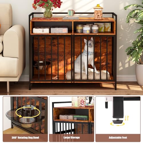 WAYTRIM Large Dog Crate Furniture 42 Inch Dog Crate for XXL/XL up to 80 lb Dogs, 360° & Adjustable Raised Feeder Heavy Duty Dog Crate with Drawers Storage Furniture Indoor, Brown