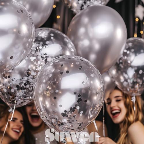 Image of SUWEN Silver Metallic and Confetti Balloons Set 47PCS Latex Helium