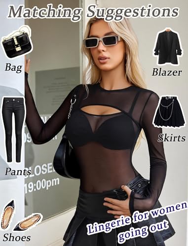 Image of GirlFriend Mesh Bodysuit for Women Long Sleeve Body Suit Sexy Tops Cut Out Leotard See Through Shirts Sheer Rave Outfits