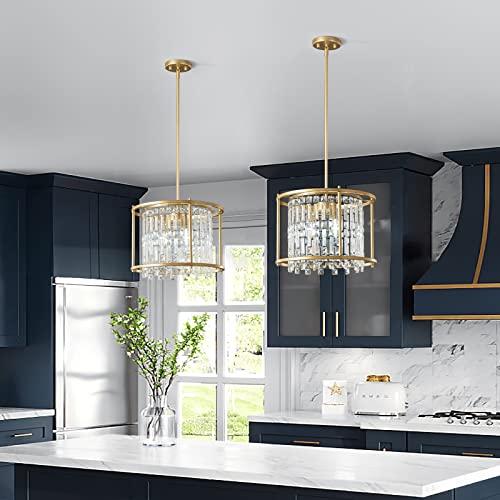 Image of LMQNINE Modern Foyer Chandelier, Gold Crystal Chandelier Entryway Pendant Light Fixture, Round Adjustable Height Chandeliers for Kitchen Island, L15.74'' x H10.43''