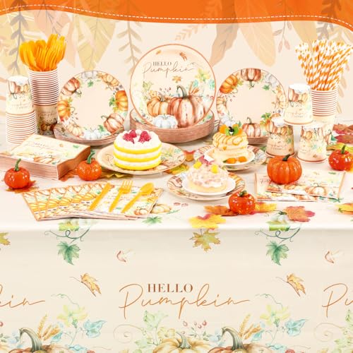 Image of Funnymoom 452 Pcs Hello Pumpkin Thanksgiving Fall Party Supplies for 50, Thanksgiving Pumpkins Paper Plates Napkins Cups Tablecloth Cutlery Straws for Autumn Harvest Birthday Baby Shower Decorations