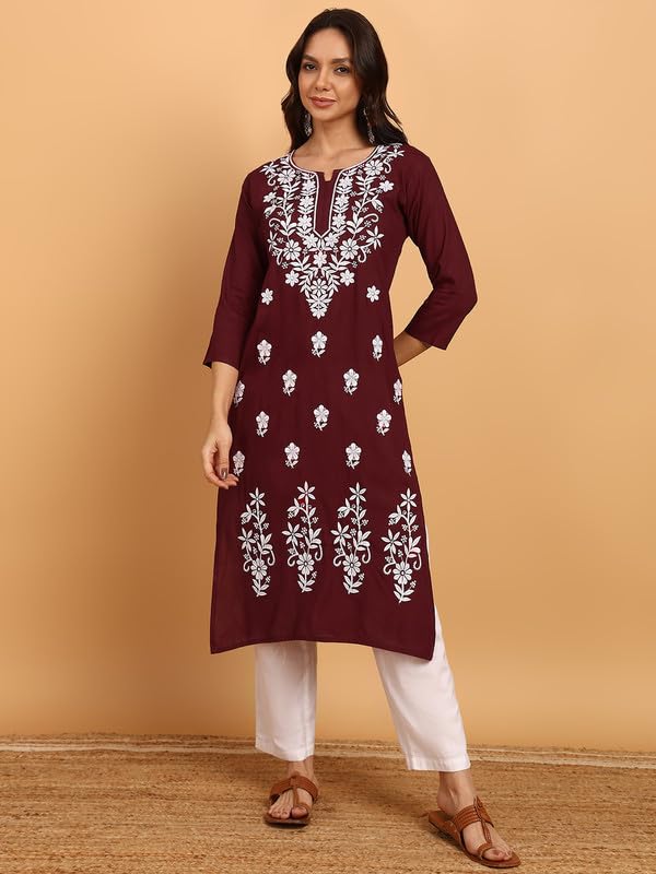 Image of Women Pink Ethnic motifs Embroidered Lucknowi Chikankari Long Kurti