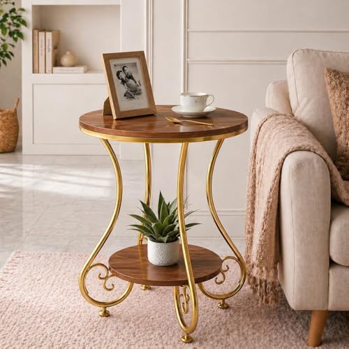 Image of CARTADEN 2 Tier End Table in Living Room, Industrial Style Round Bedside Table with Storage, Small Outdoor Coffee Table for Bedroom Balcony Patio Gold Brown
