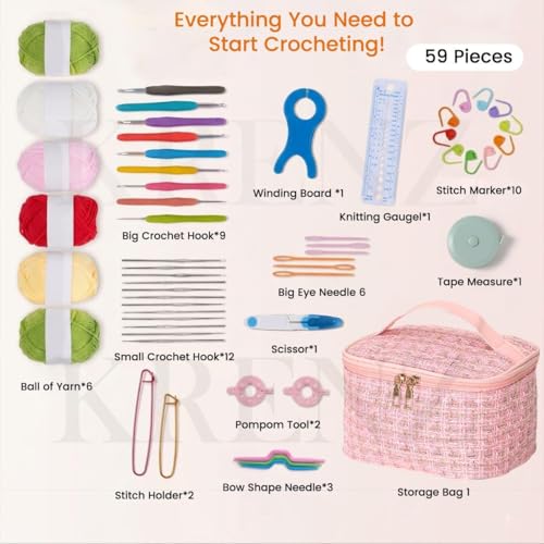 Image of KRENZ Crochet Kit for Beginners Adults, Crochet Kits Include Yarn, 59pcs Crochet Starter Kit for Beginners Kids,Ergonomic Crochet Hooks 2.0-6.0 mm, Lace Steel Needles 0.6-1.9 mm (Pink Gold)