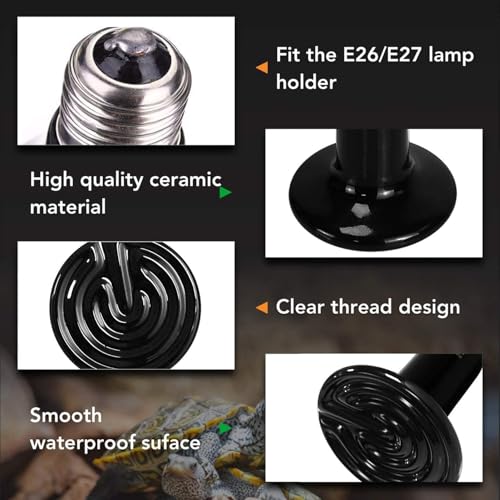 Image of VAYINATO Reptile Ceramic Heat Emitter Lamp | No-Light Heating Bulb for Lizards, Snakes, Tortoises | Long-Lasting Heat Source for Terrariums & Vivariums | Silent & Safe (Black) (100W)