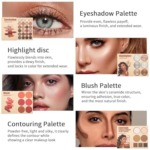 Image of Kamz Beauty 4-in-1 Makeup Book Palette All in One - Eyeshadow Palette, Highlighter Makeup, Blusher Contour, Bronzer Powder - Professional Cosmetic Kit for a Flawless Look For Women