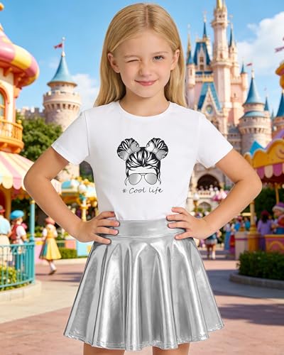 Image of Betusline Girls 2 Piece Outfits Short Sleeve Crop Top and Metallic Skater Skirt Set for Kids Dance Party Tennis, 4-14Y