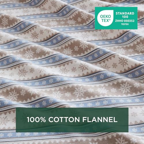 Image of Woolrich Cotton Sheet Set Cottage Charms Print, 100% Cotton Flannel Sheets Warm & Fuzzy Bedding Set King Size Sheets, Fitted Pocket Fits Up to 14 inch Mattress, King Blue Snowflake, 4 Piece
