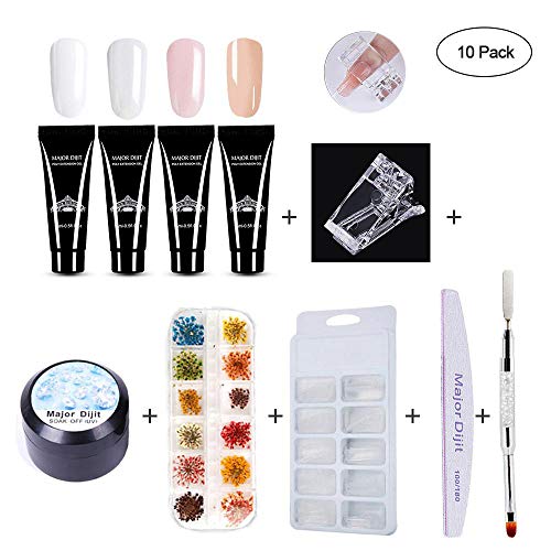 AOLVO Poly Nail Gel Nail Builder Set, Gel Extension Nail Kit Nail Enhancement Builder All in One - 4 Nail Gel, Dual Head Nail Brush, Soak Off (UV), Model Nail Tips, Clip, Dried Flowers, Nail File