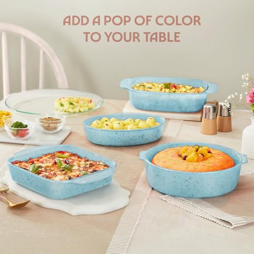 Image of Borosil 700 ml Baking & Serving Oval Shape Dish | Borosilicate Glass Bakeware and Serveware Tray | Microwave, Oven & Dishwasher Safe Bowl | Transparent Container (Blue)