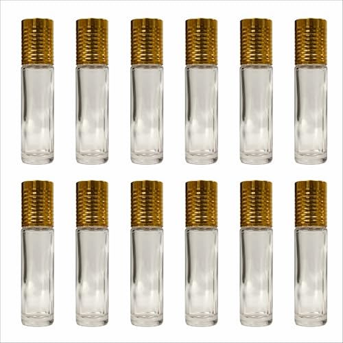 Image of by Riza Fragrance 6ml Refillable Roll-On Attar Bottle | Leakproof Clear Glass Empty Bottle with Plastic Roller & Golden Cap for Perfumes, Essential Oils, Lip Balm, etc. (12 pcs)