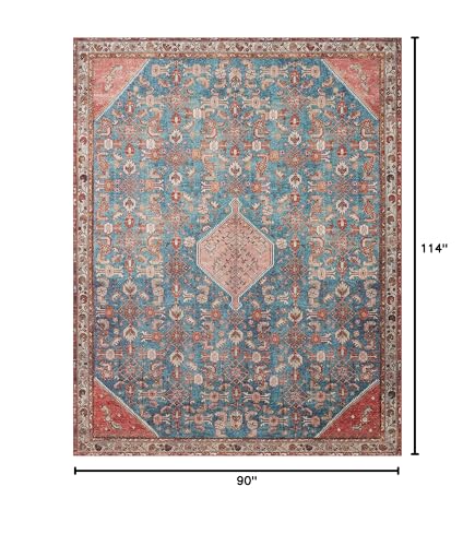 Loloi Layla Collection LAY-10 Marine/Clay 7'-6" x 9'-6" .13" Thick Area Rug, Soft, Durable, Vintage Inspired, Distressed, Low Pile, Non-Shedding, Easy Clean, Printed, Living Room Rug