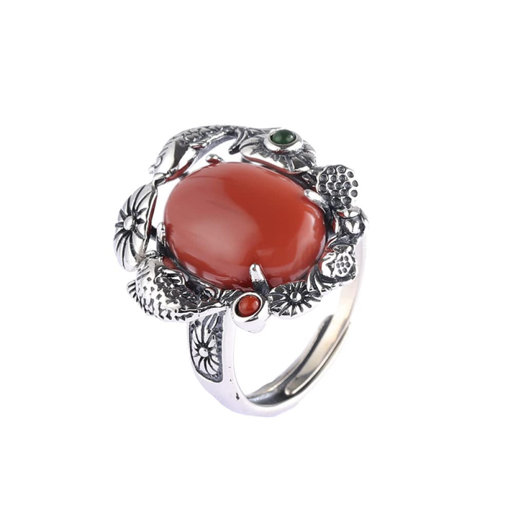 Anello In Argento Sterling 925,925 Sterling Silver Loto Stagno Dei Pesci Incisione Vintage Distressed Rotondo Anello In Pietra Naturale Agata Rossa Boho Gemma Energia Fascino Matrimonio Gioielli Reg
