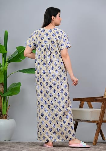 Image of DIAMO Pure Cotton Designer Nighty for Women | Night Gown | Nightdress | Maxi Nighty | Sleepwear | Jaipuri Nighty | Nighties | Cotton Night Gown for Women /Girls with Jaipuri Block Print