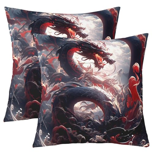 Homewish Lot de 2 Dragon Hold Oreiller 60x60,Dream Dragon Magic Cloud Sky Taie d'oreiller,Oriental Mystérieux Animal Taille Coussin Couverture,Noir Rouge...