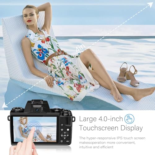 Image of Digital Camera, 4K 64MP WiFi Touch Screen Vlogging Camera, 32GB SD Card, Lens Hood, Dual Cameras, 3000mAh Battery, 4 inch Display - Black