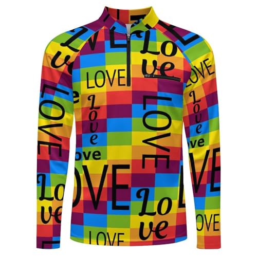 Rainbow LGBT Love Rectangles Men's Rash Guard Long Sleeves Quick Dry Fishing Workout Shirts with Zipper4