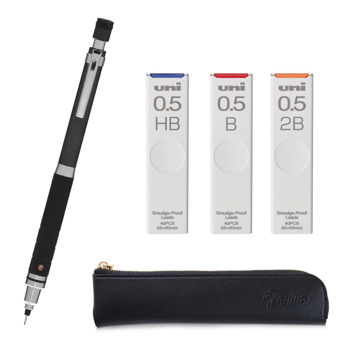 QULLITY KURU TOGA Roulette Model 0.5mm Gun-metallic body + HB/B/2B Refills, original Black slim pen case